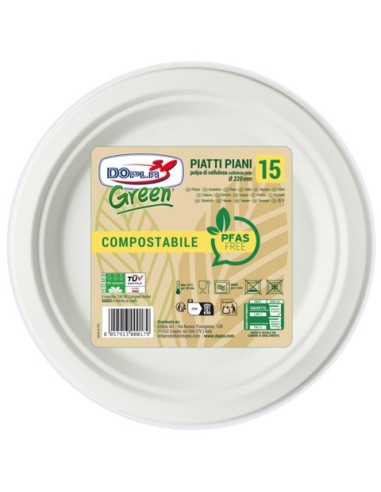 Piatti piani in polpa Dopla Green Pfas Free bianco - Ø 220 mm - conf. 15 pz - 07901