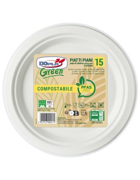 Piatti piani in polpa Dopla Green Pfas Free bianco - Ø 220 mm - conf. 15 pz - 07901