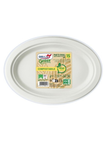 Piatti ovali in polpa Dopla Green Midi Pfas Free 260x195 mm bianco - Ø 260 mm - conf. 15 pz - 07776