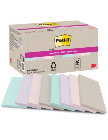Foglietti riposizionabili Post-it® Super Sticky in carta riciclata 76x127 mm - colori assortiti - conf. 8 blocch/70 ff
