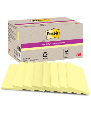 Foglietti riposizionabili Post-it® Super Sticky in carta riciclata 76x127 mm - giallo Canary - conf. 8 blocch/70 ff
