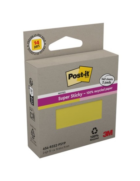 Foglietti riposizionabili Post-it® Super Sticky in carta riciclata 76x76 mm - giallo e rosa - conf. 2 blocch/70 ff