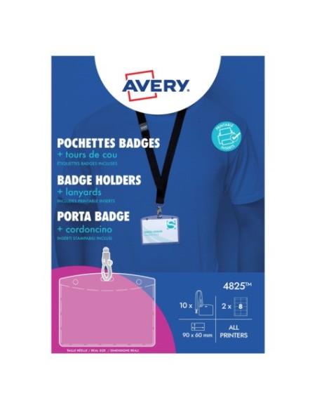 Kit porta badge trasparente 60x90 mm + 10 cordoncini neri con gancio + 16 inserti microperforati stampabili Avery