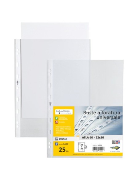 Buste a perforazione universale Sei Rota Atla 22x30 cm in PP basso spessore - finitura goffrata - conf. 25 pz - 662206
