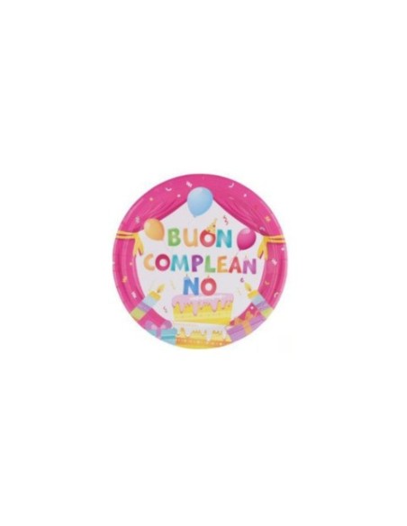 Piatti in carta Party Go Buon Compleanno rosa 18 cm - conf. 8 pz - AA0093-T