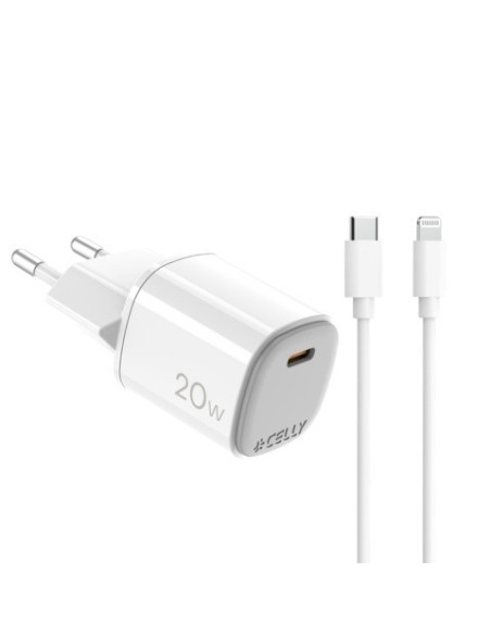 Caricatore da parete Celly GaN 1x USB-C 20W + cavo USB-C / Lightning - bianco UPTC1USBC20WCTL