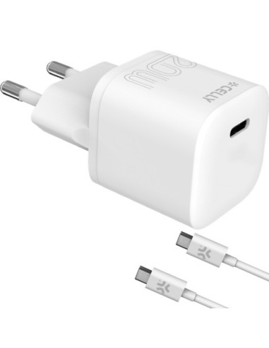Caricatore da parete Celly USB-C + cavo USB-C / USB-C in gomma - bianco PC2TC20WUSBCCAB