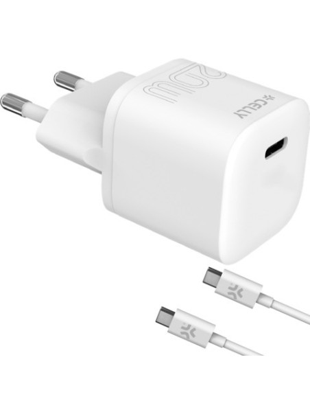 Caricatore da parete Celly USB-C + cavo USB-C / USB-C in gomma - bianco PC2TC20WUSBCCAB