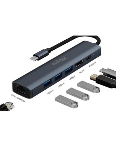 Docking station USB-C 6 in 1 Nilox Tech 1x HDMI 4K + 1x RJ45 + 3x USB-A 3.2 + 1x USB-C alimentazione fino 100 W nero -