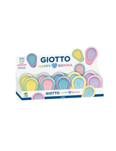 Espositore 30 gomme Giotto Happy Love con presa antiscivolo in colori assortiti pastello - F232400