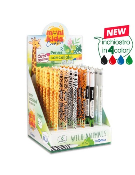 Espositore 36 penne Monikids Creative Slim cancellabili con cappuccio Wild Animals - 20NIK258