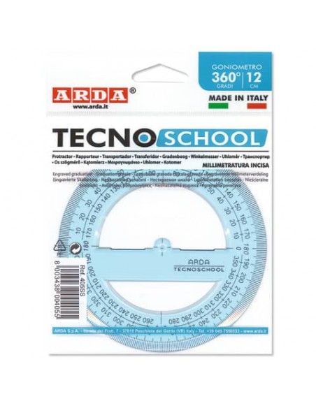 Goniometro ARDA Linea Tecnoschool polistirolo termoresistente azzurro trasparente 360° 12 cm - 405SS