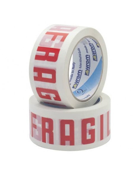 Nastro adesivo da imballo Vinyl SYROM formato 50 mm x 66 m - pvc bianco (stampa rossa ''fragile'') - 7621