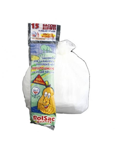 Sacchi immondizia ROLSAC in mater-bi biodegradabile capacità 10 l BIANCO rotolo da 15 pz. - 10130