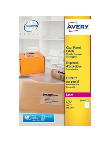 Etichette poliestere trasparenti lucide AVERY QuickPEEL™ 210x297 mm - 1 et/foglio - laser conf. 25 ff L7567-25
