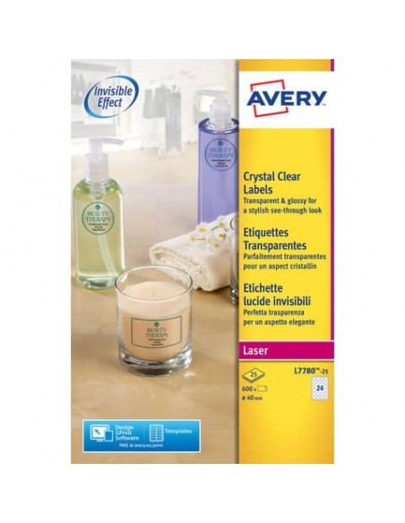 Etichette poliestere trasparenti lucide AVERY QuickPEEL™ tonde Ø 40 mm - 24 et/foglio - laser conf. 25 ff L7780-25