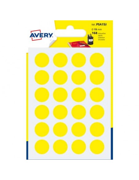 Etichette rotonde colorate AVERY giallo Ø 15 mm - 24 et/foglio - scrivibili a mano - bustina da 7 fogli - PSA15J