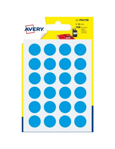 Etichette rotonde colorate AVERY blu Ø 15 mm - 24 et/foglio - scrivibili a mano - bustina da 7 fogli - PSA15B