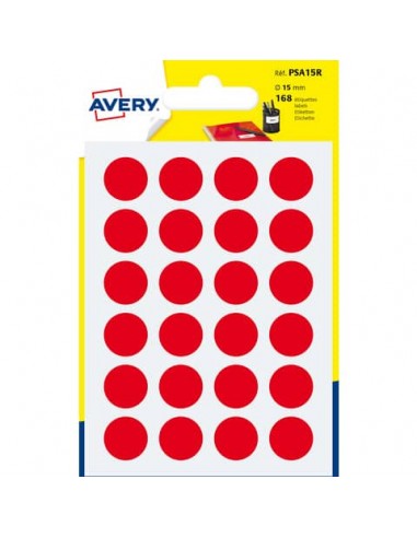 Etichette rotonde colorate AVERY rosso Ø 15 mm - 24 et/foglio - scrivibili a mano - bustina da 7 fogli - PSA15R