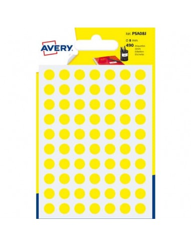 Etichette rotonde colorate AVERY giallo Ø 8 mm - 70 et/foglio - scrivibili a mano - bustina da 7 fogli - PSA08J