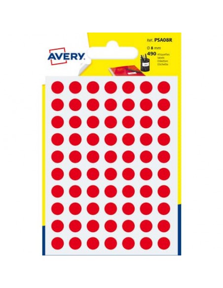 Etichette rotonde colorate AVERY rosso Ø 8 mm - 70 et/foglio - scrivibili a mano - bustina da 7 fogli - PSA08R