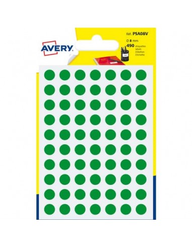 Etichette rotonde colorate AVERY verde Ø 8 mm - 70 et/foglio - scrivibili a mano - bustina da 7 fogli - PSA08V