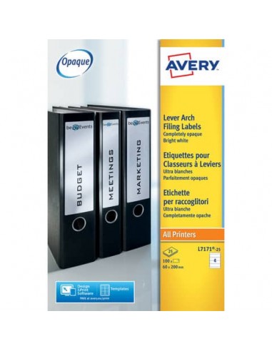 Etichette bianche per raccoglitori Avery Ultragrip™ 60x200 mm - 4 et/foglio - stampanti laser - Conf 25 fogli L7171-25