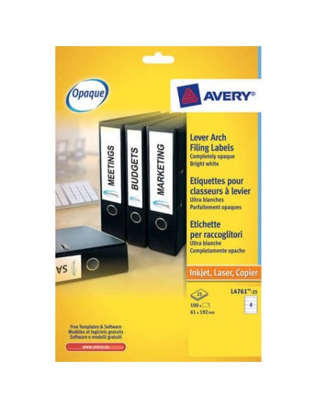 Etichette bianche per raccoglitori Avery Ultragrip™ 61x192 mm - 4 et/foglio - stampanti laser - Conf 25 fogli L4761-25