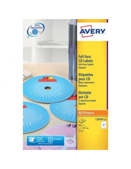 Etichette per CD AVERY finitura coprente Ø 117 mm - 2 et/foglio - per Laser - bianche - conf. 25 fogli - L7676-25