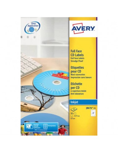 Etichette per CD AVERY patinate opache Ø 117 mm  - 2 et/foglio - per Inkjet - copertura totale - cf. 25 fogli J8676-25
