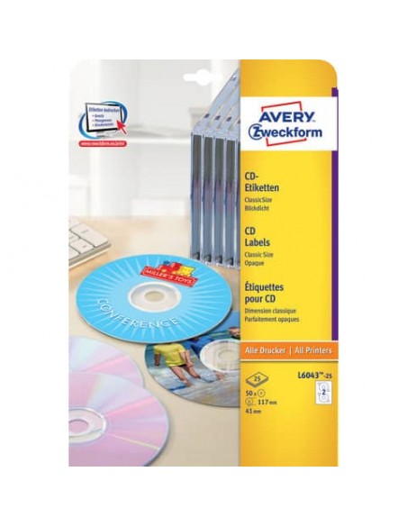 Etichette per CD AVERY finitura coprente a foro largo - Ø 117 mm - 2 et/foglio - per Laser - conf. 25 fogli - L6043-25