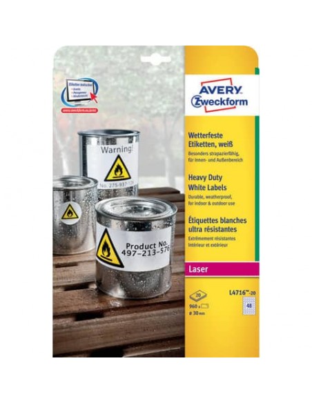 Etichette permanenti poliestere bianche Avery Ø 30 mm - 48 et/foglio - stampanti laser - cf. 20 fogli L4716-20