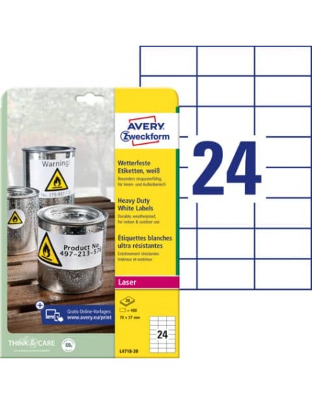 Etichette permanenti poliestere bianche Avery 70x37 mm - 24 et/foglio - stampanti laser - cf. 20 fogli L4718-20