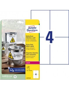 Etichette permanenti poliestere bianche Avery 105x148 mm - 4 et/foglio - stampanti laser - cf. 20 fogli L4719-20