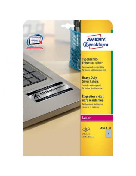 Etichette permanenti poliestere argento Avery 210x297 mm - 1 et/foglio - laser monocolore - conf. 20 ff L6013-20