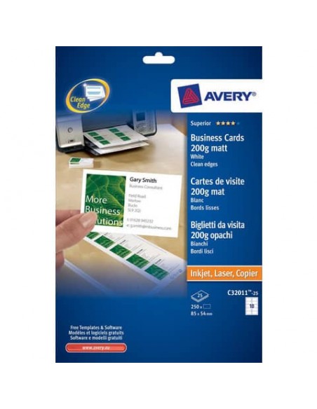 Biglietti da visita personalizzabili Avery Quick&Clean™ 85x54 mm 10/foglio opachi per laser - conf. 25 ff C32011-25