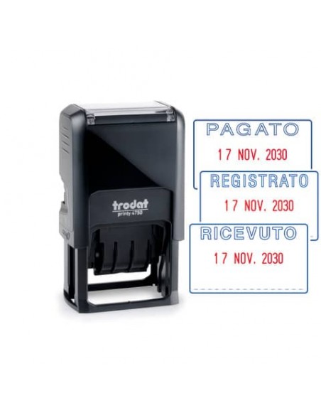 Datario con testo PAGATO TRODAT PRINTY ECO 4750/L2 in plastica 41x24 mm blu-rosso - 141062