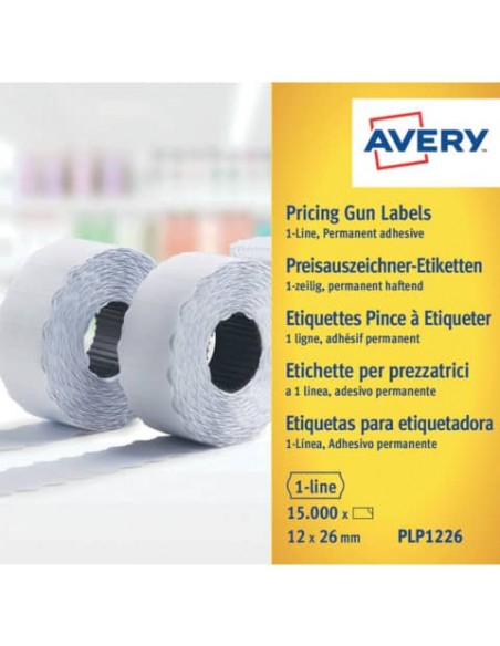 Etichette permanenti per prezzatrici 1 linea Avery 12x26 mm bianco - Conf. 10 rotoli da 1500 etichette - PLP1226
