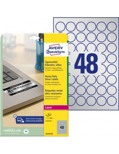 Etichette permanenti poliestere argento Avery Ø 30 mm - 48 et/foglio - laser monocolore - conf. 20 ff L6129-20