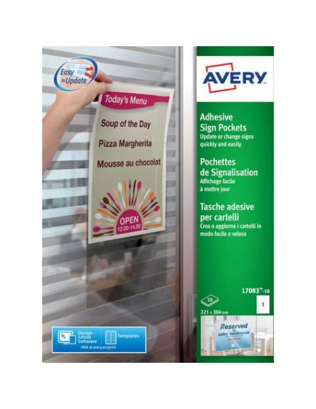 Tasche adesive Avery per fogli A4 trasparente 1 et./foglio Conf. 10 fogli - L7083-10