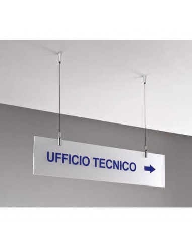 Targa sospesa in acrilico bisatinato 60x15 cm Tecnostyl con cavetti per fissaggio soffitto silver/bianco- TS6015