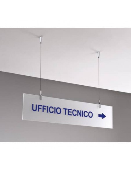 Targa sospesa in acrilico bisatinato 60x15 cm Tecnostyl con cavetti per fissaggio soffitto silver/bianco- TS6015