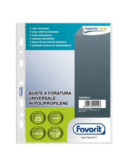 Buste trasp. a foratura universale FAVORIT liscia superior 15x21 cm conf. da 25 - 100460019
