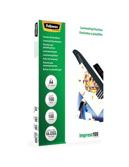 Pouches per plastificatrici Fellowes Standard Impress100 finitura lucida - 2x100 µm - A4 - Conf. 100 pezzi 5351111