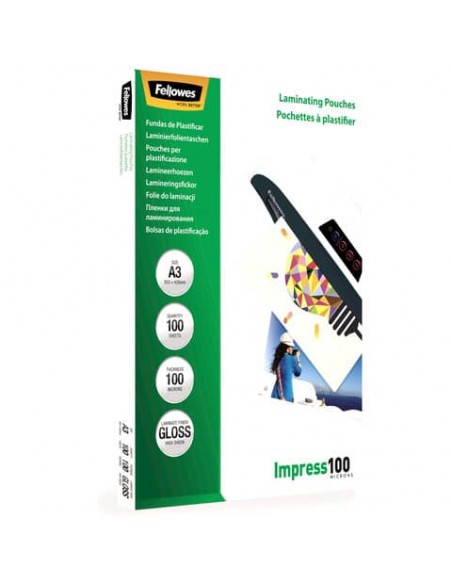 Pouches per plastificatrici Fellowes Standard Impress100 finitura lucida - 2x100 µm - A3 - Conf. 100 pezzi 5351205