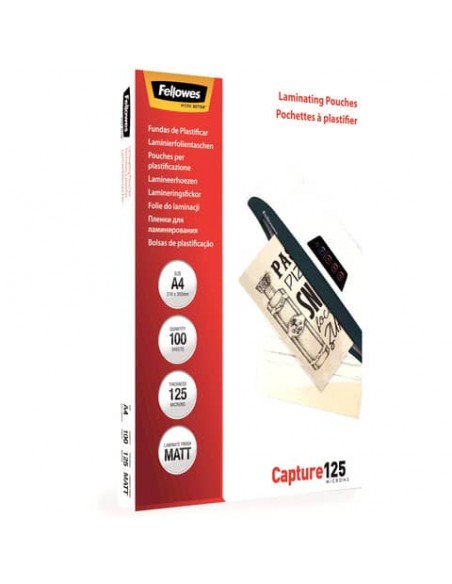 Pouches per plastificatrici Fellowes Standard Capture125 finitura opaca - 2x125 µm - A4 - Conf. 100 pezzi 5328502