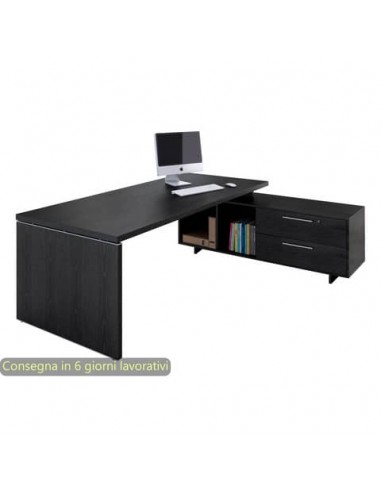 Scrivania manageriale nero venato frassino 195x170x74 cm gamba a pannello con mobile portante Flora - 901RIT/8