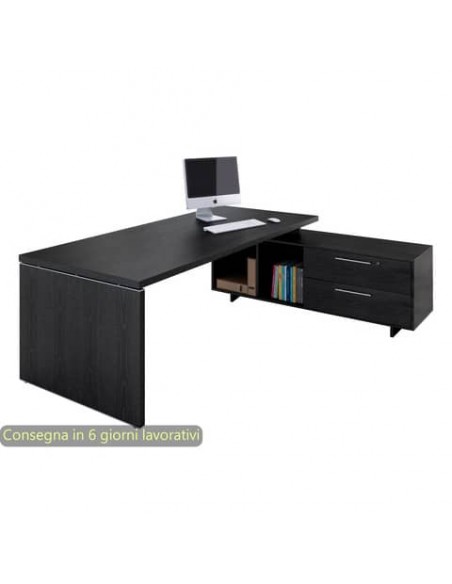 Scrivania manageriale nero venato frassino 195x170x74 cm gamba a pannello con mobile portante Flora - 901RIT/8