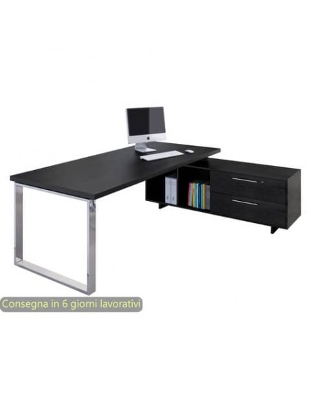 Scrivania manageriale nero venato frassino 195x170x74 cm gamba ad anello con mobile portante Flora - 901RIT/M/8