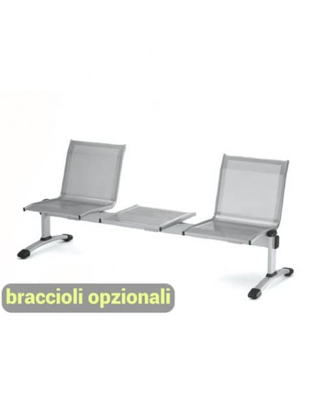 Panca 2 posti attesa Unisit Plexus PS2PT con tavolino in acciaio grigio schienale e seduta forati traspiranti - PS2PT